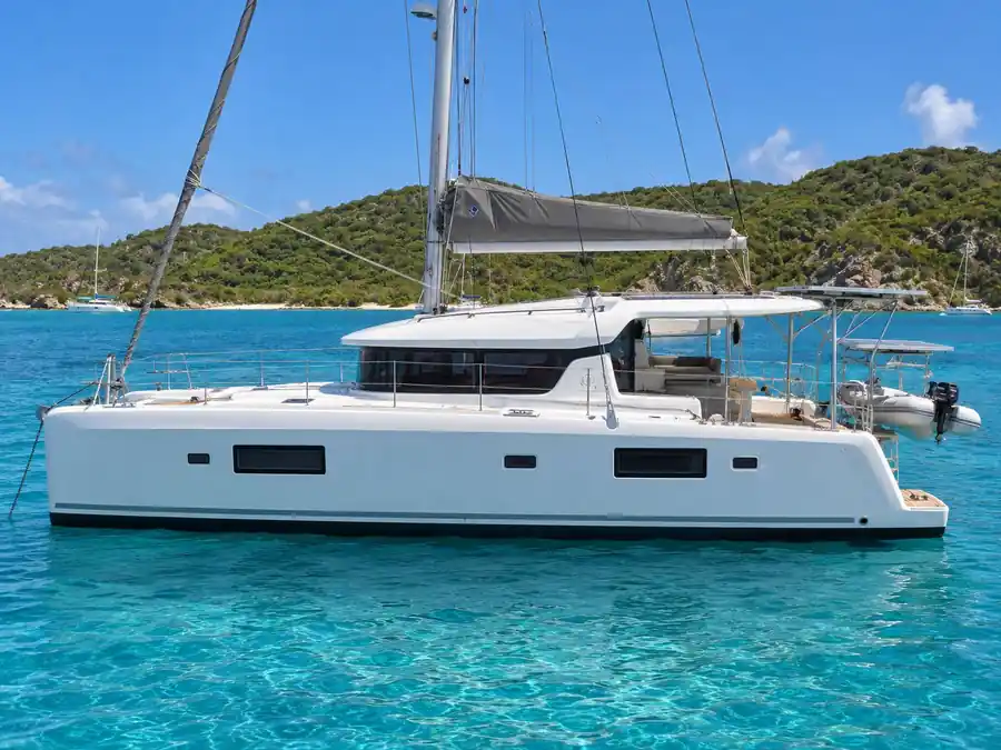 AI-generated example full profile of a white cruising catamaran.