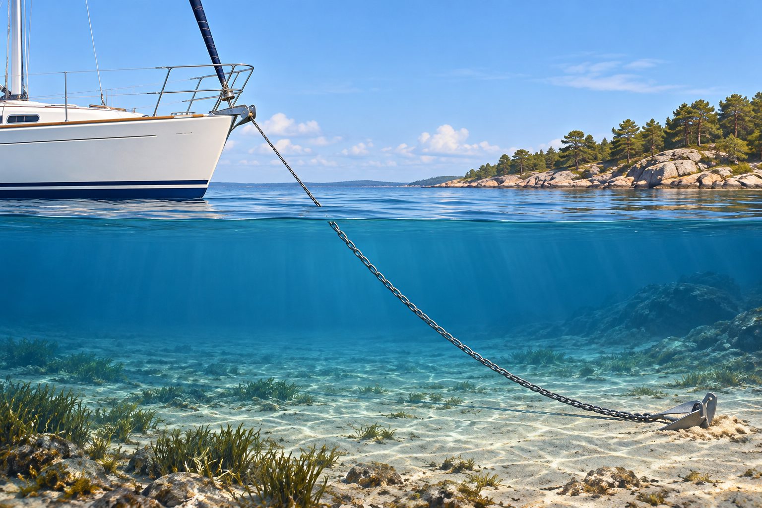 Side view of a sailboat's anchor rode running from the bow to an anchor resting on the seabed.
