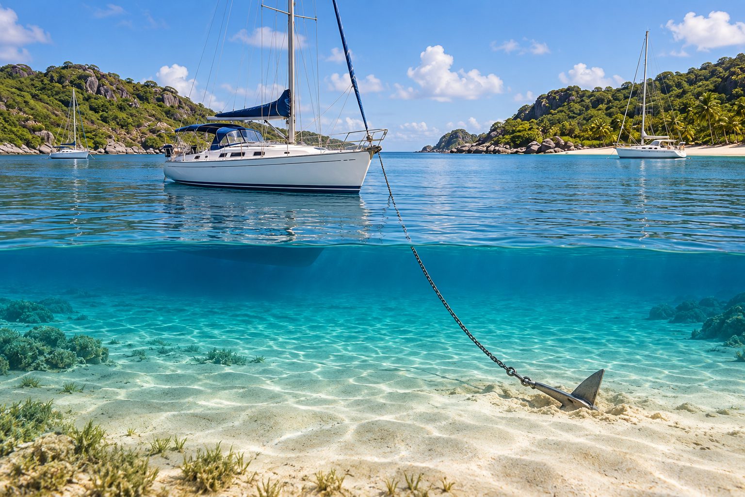 A sailboat anchored over clear sand in a protected bay with room to swing.
