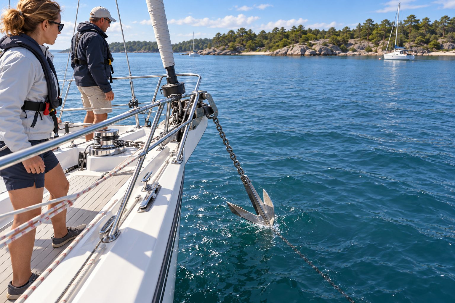 Crew in lifejackets lowering the anchor from the bow as the sailboat drifts astern.