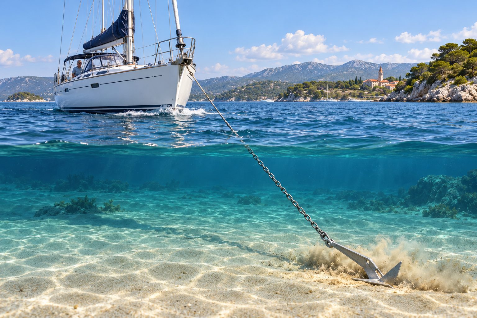 A sailboat backing gently while its anchor digs into sandy seabed.