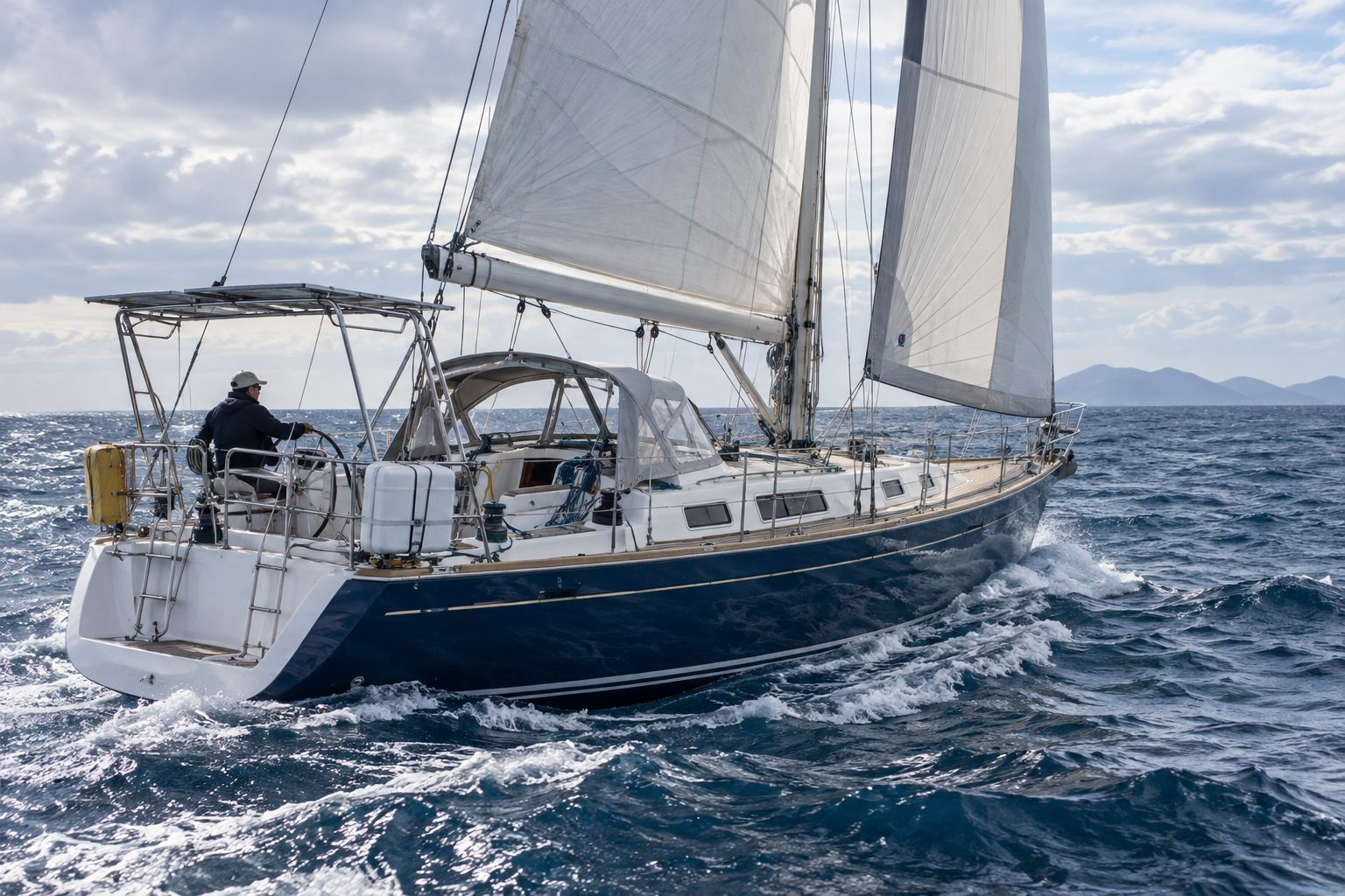 A cruising sailboat sailing steadily offshore in moderate open-ocean conditions.
