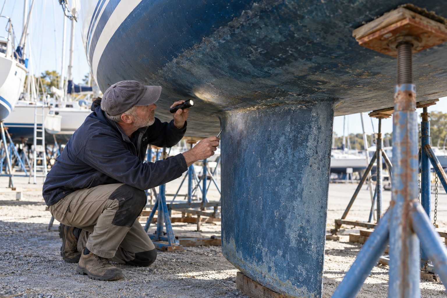 A marine surveyor inspecting the keel and hull of a cruising sailboat on stands.