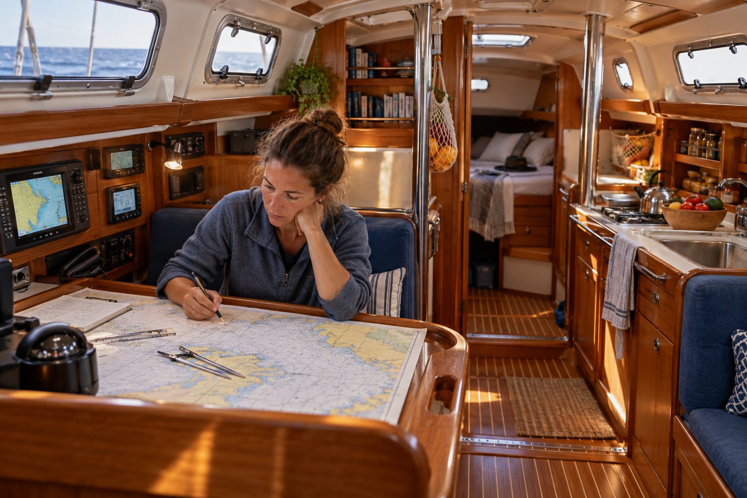 A sailor planning a passage at a chart table inside a practical cruising sailboat.