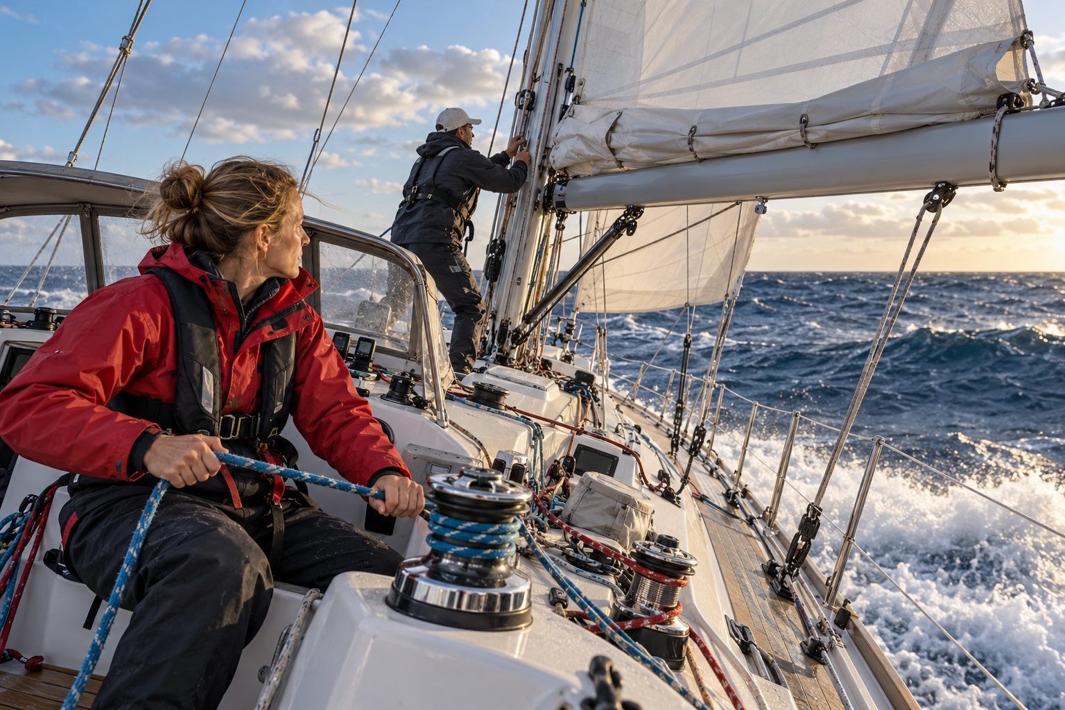 Sailors reefing a cruising sailboat underway in moderate seas.