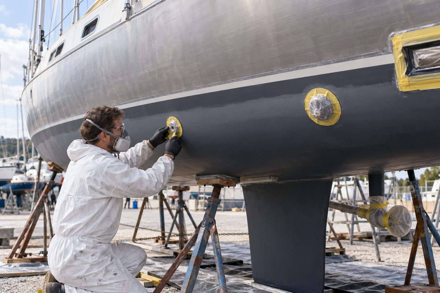 A technician preparing the coated lower hull of an aluminum sailboat while masking fittings.