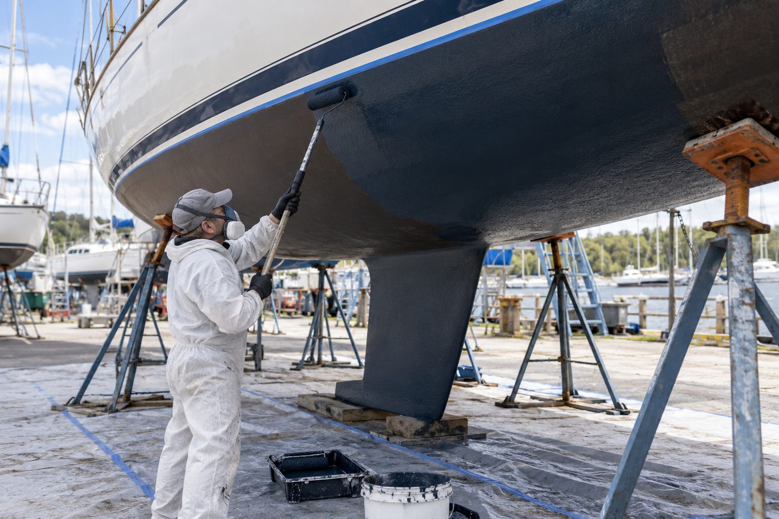 A protected boatyard worker applying bottom coating to a sailboat hull with a roller.