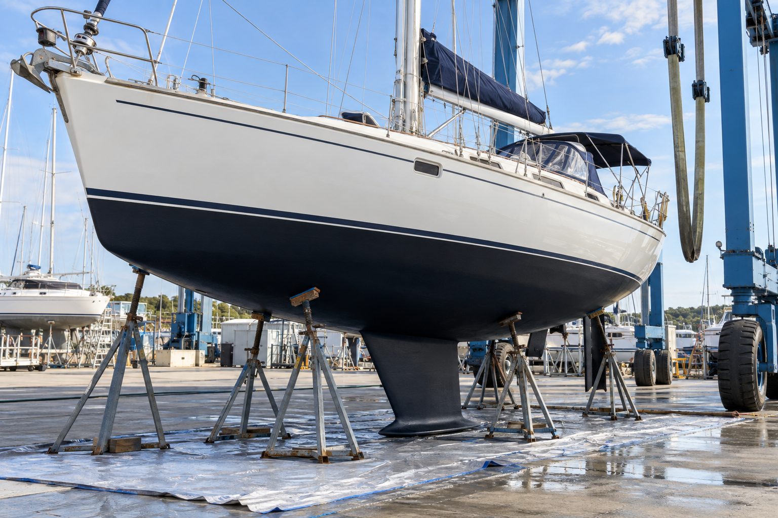 A cruising sailboat hauled out in a boatyard with its lower hull ready for maintenance.
