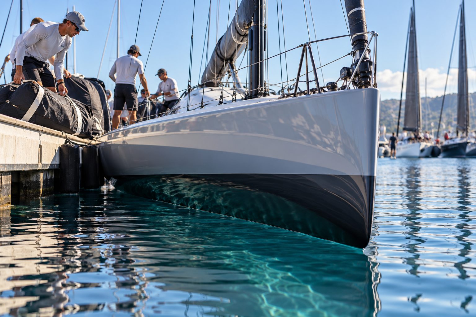 A sleek racing sailboat being prepared beside a regatta dock.