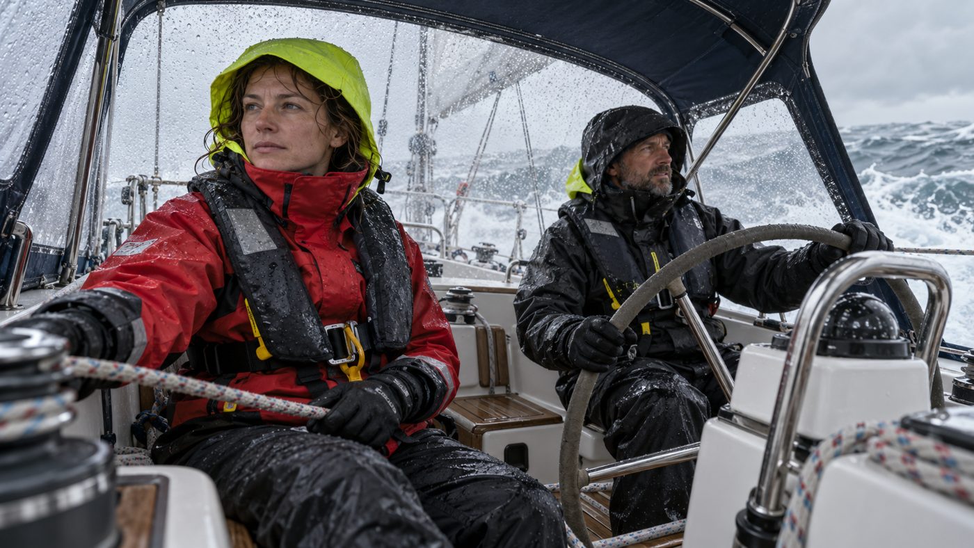 Two sailors wearing lifejackets and foul-weather clothing in a sheltered cockpit.