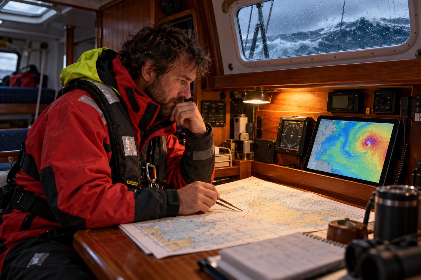 A sailor reviewing passage information at a sailboat navigation station.