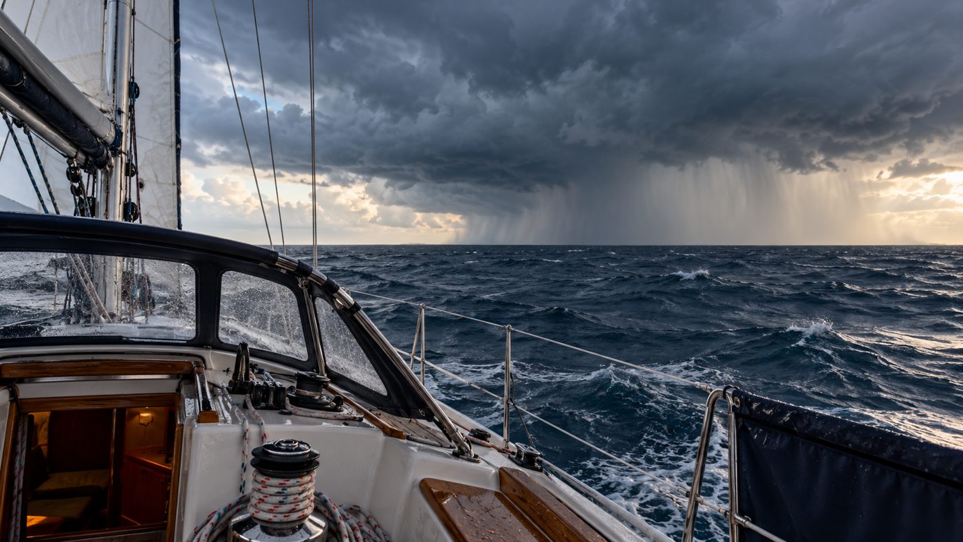 Dark rain clouds approaching over the sea, viewed from a sailboat cockpit.