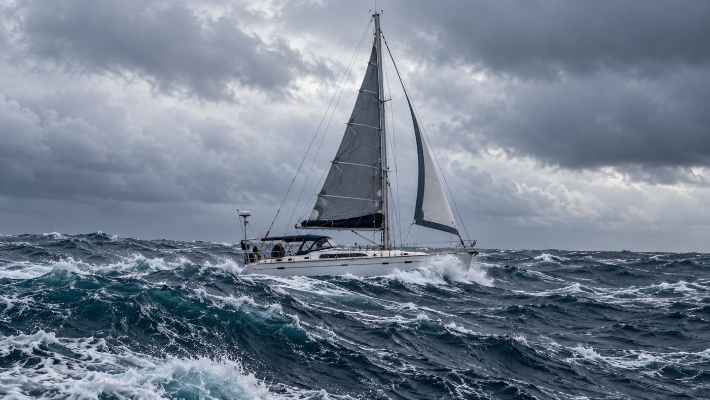 A cruising monohull under reduced sail in rough open water.
