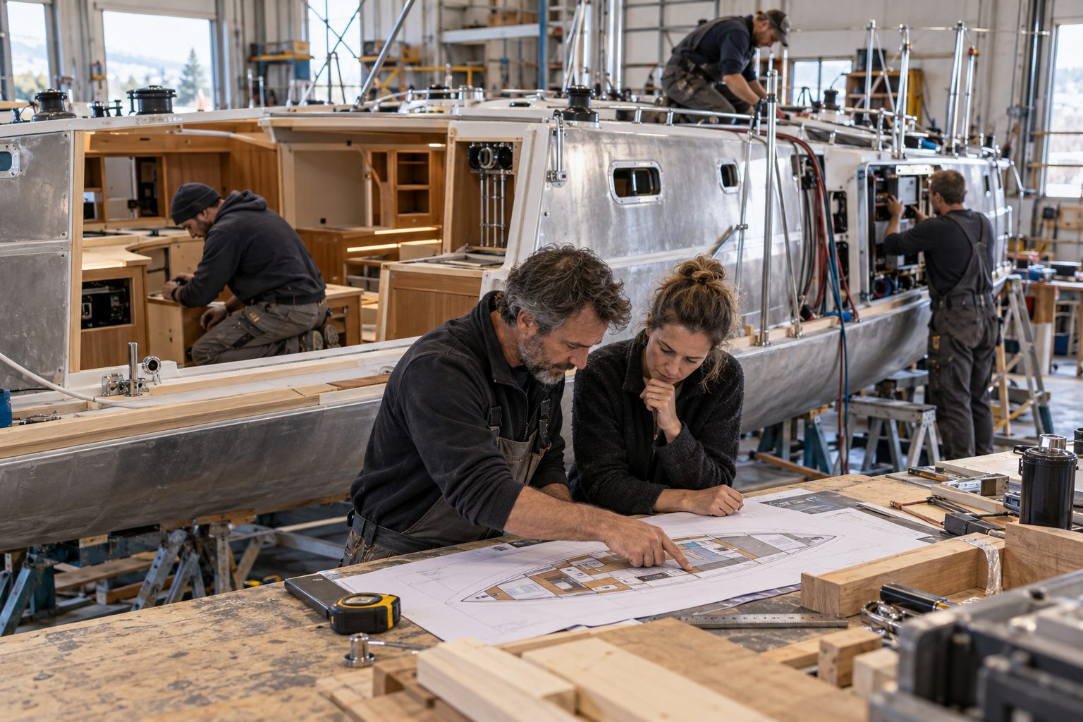 An owner and boatbuilder reviewing a custom sailboat interior plan beside a unique aluminum hull under construction.