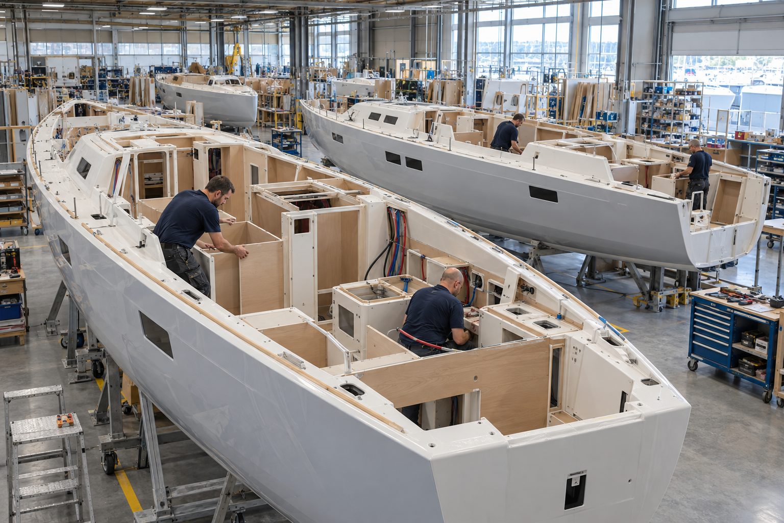 Matching sailboat hulls at different stages of assembly in an organized boatbuilding workshop.