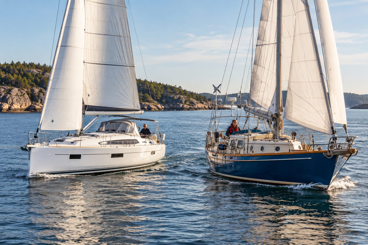 A standard production cruiser and a distinctive custom cruising sailboat sailing side by side.